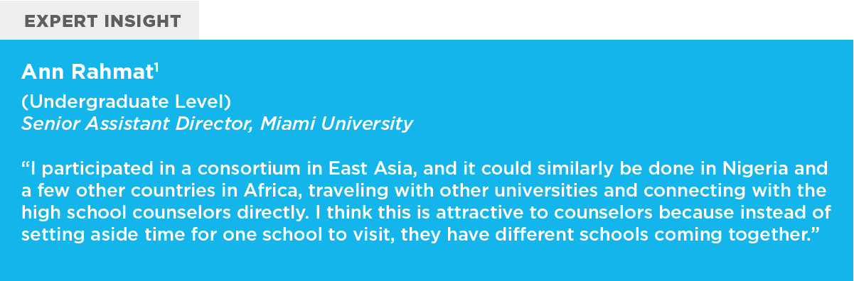 A quote from Ann Rahmat, the senior assistant director at Miami University, who says "I participated in a consortium in East Asia, and it could similarly be done in Nigeria and a few other countries in Africa, traveling with other universities and connecting with the high school counselors directly. I think this is attractive to counselors because instead of setting aside time for one school to visit, they have different schools coming together."