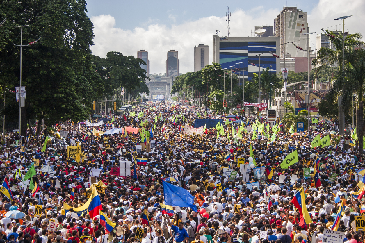 A photograph of a protest in Venezuela. 
