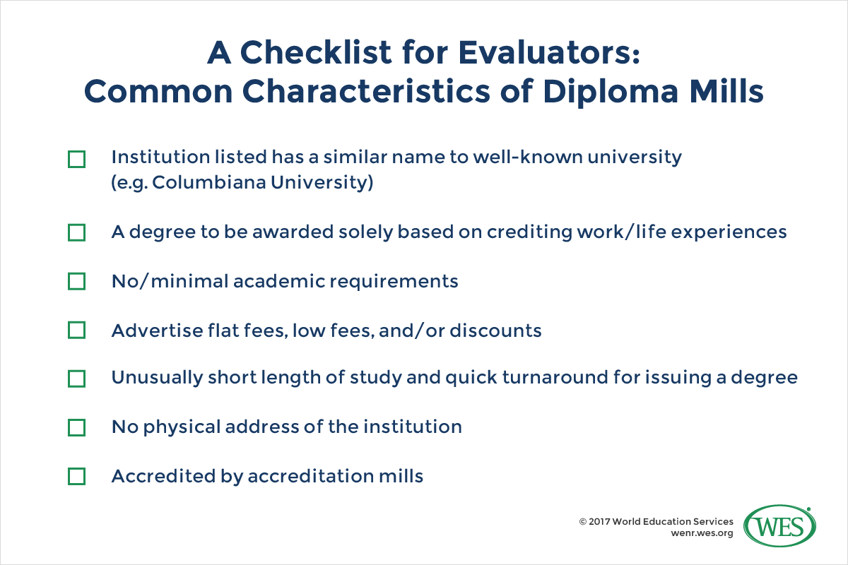 A checklist for evaluators listing the common characteristics of diploma mills