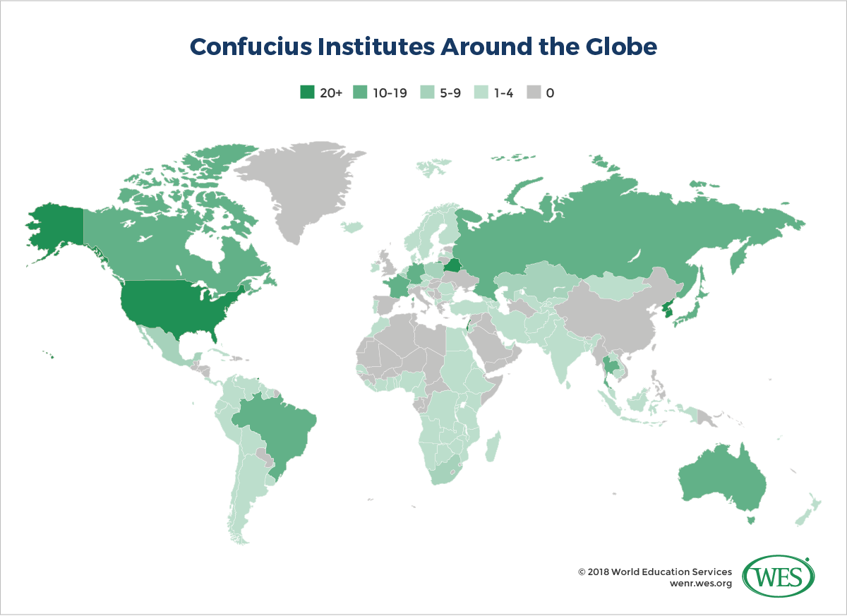A map showing the number of Confucius Institutes in countries around the world. 