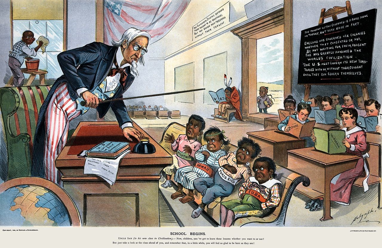 A 1899 cartoon lambasting the U.S.'s justification of its colonial possessions. 