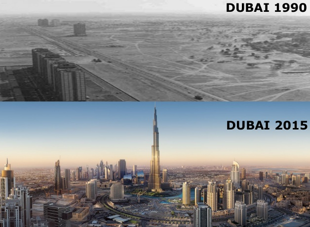 Two photos of Dubai, one taken in 1990, the other in 2015. 
