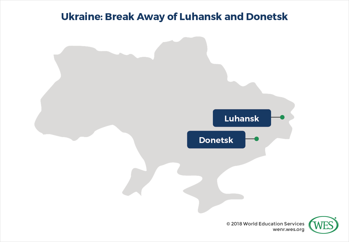 A map showing the locations in Ukraine of the break-away cities of Luhansk and Donetsk