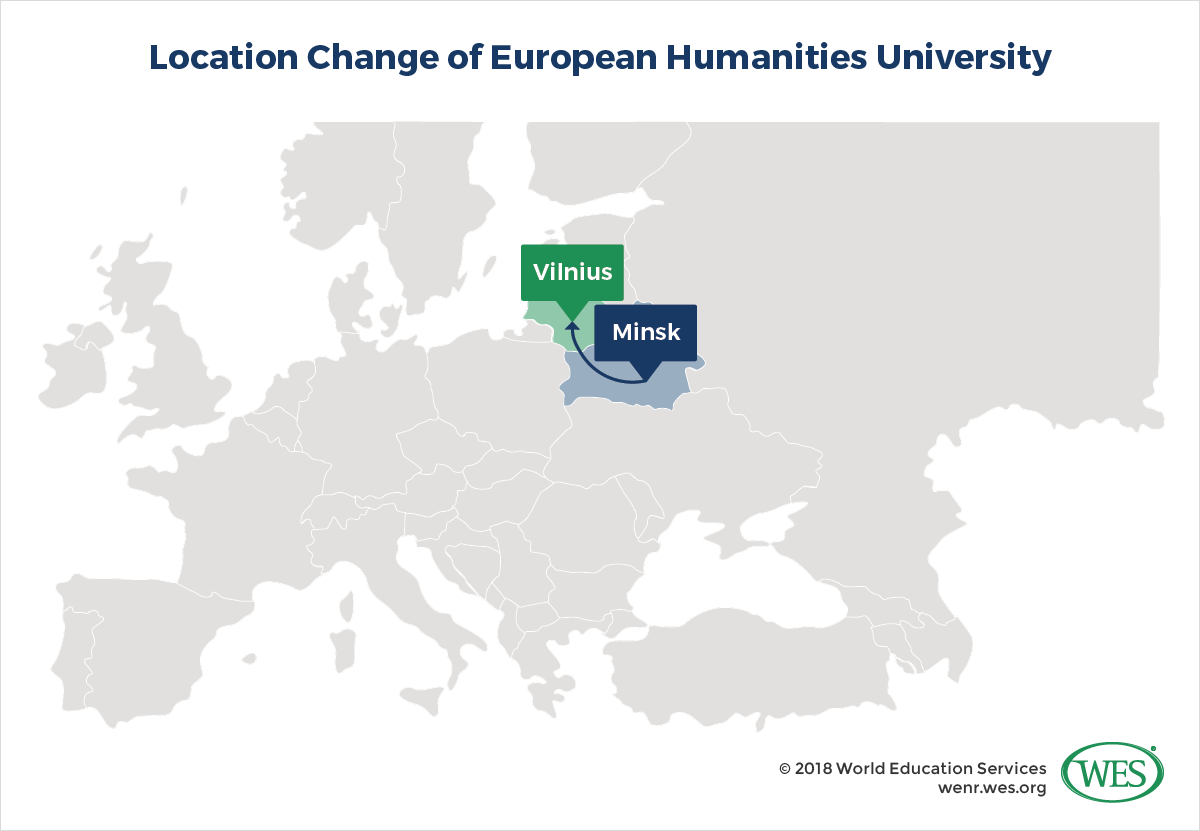 A map showing the European Humanities University's move from Minsk, Belarus to Vilnius, Lithuania