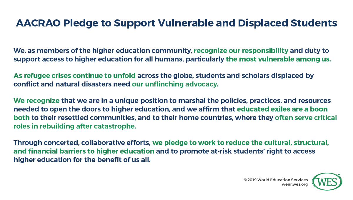 Rethinking Institutional Policies to Reduce Barriers Facing Displaced Students in the U.S. image 2: AACRAO pledge to support vulnerable and displaced students