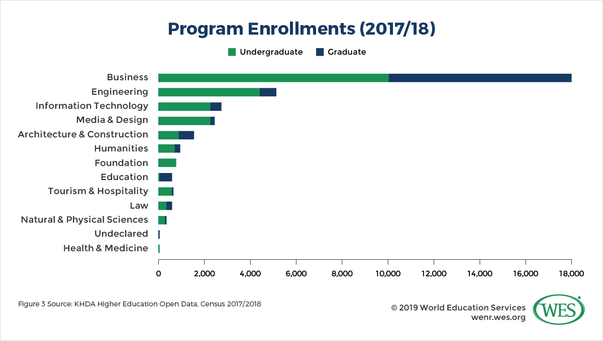 International Branch Campuses Part Two: China and the United Arab Emirates image 3: chart showing the most common program enrollments, with 'Business' being the top