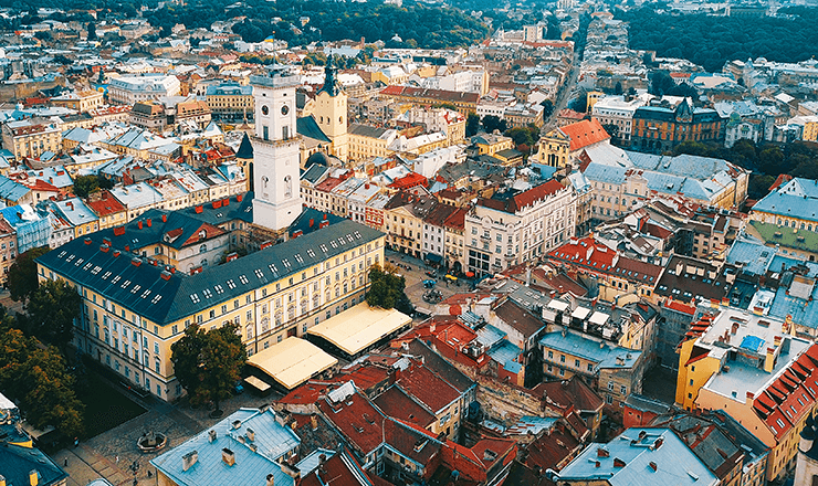 A aerial photo of the city of Lviv in Ukraine.
