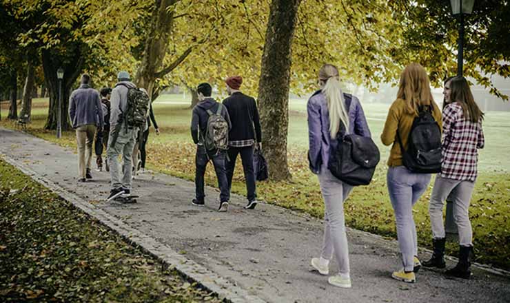 Dismantling the Lethal Threat to International Enrollment: Student Views on Gun Violence and Safety lead image: students walking through a park in the fall