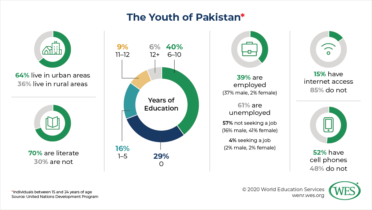 Education in Pakistant image 2: Series of pie charts showing different statistics on the youth of Pakistan