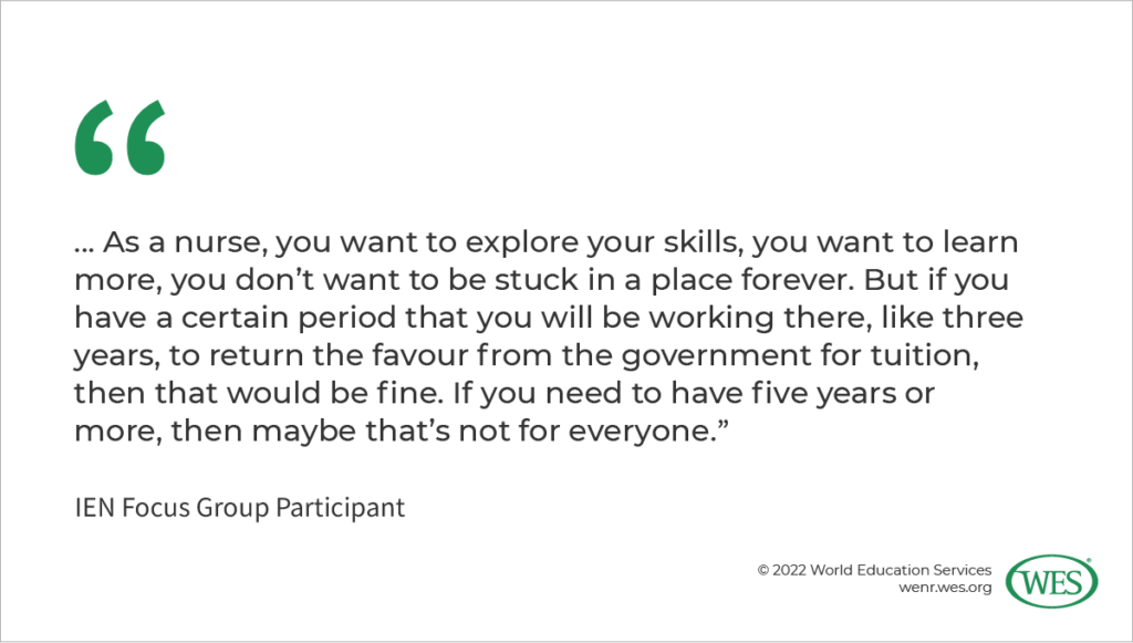 Image 3: A quote from an IEN focus group participant: “… As a nurse, you want to explore your skills, you want to learn more, you don’t want to be stuck in a place forever. But if you have a certain period that you will be working there, like three years, to return the favour from the government for tuition, then that would be fine. If you need to have five years or more, then maybe that’s not for everyone.”